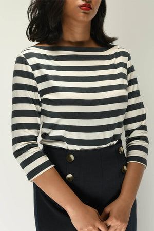 50s Style Quarter Sleeves Janet Slash Neck Top In Black and Ivory Striped | Retro Pin Up Style | Weekend Doll 