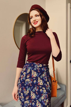 50s Style Quarter Sleeves Janet Slash Neck Top In Burgundy  | Retro Pin Up Style | Weekend Doll 
