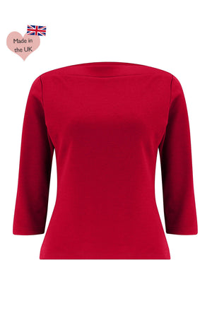 50s Style Quarter Sleeves Janet Slash Neck Top In Red | Retro Pin Up Style | Weekend Doll 