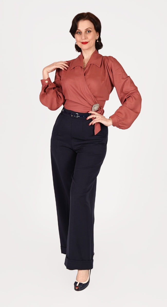 Navy High Waisted Wide Leg Trousers - 1930s & 40s style | Weekend Doll