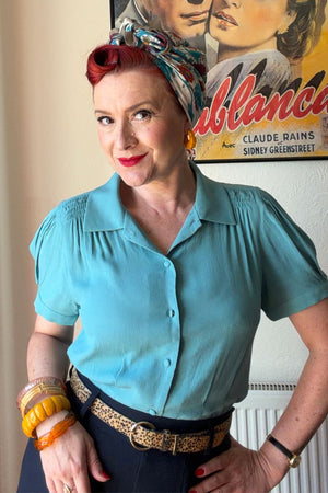 Half Sleeve Classic Blouse in Teal, Made in Sustainable Viscose Crepe | 1940s Style | Weekend Doll  