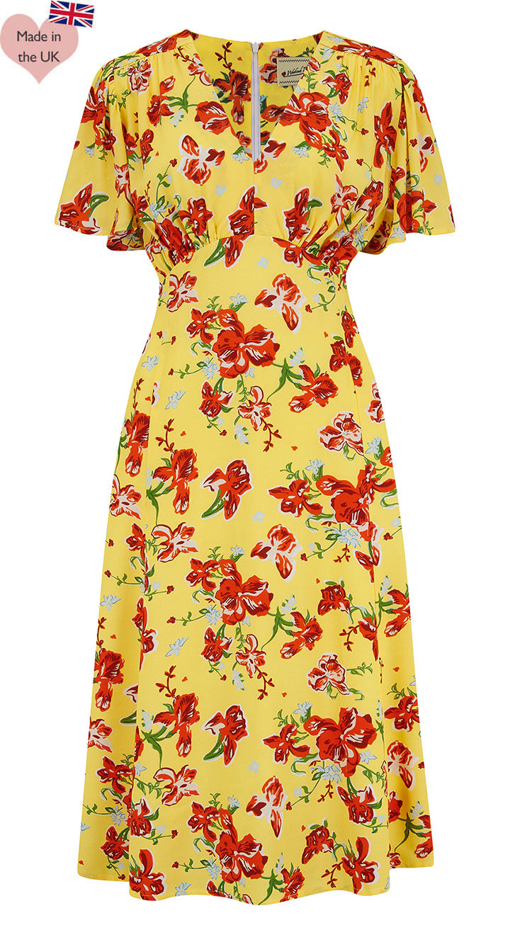 Vintage Inspired Tiki Inspired Yellow Print Knee Length Tea Dress | 1930s & 1940s Style | Weekend Doll 