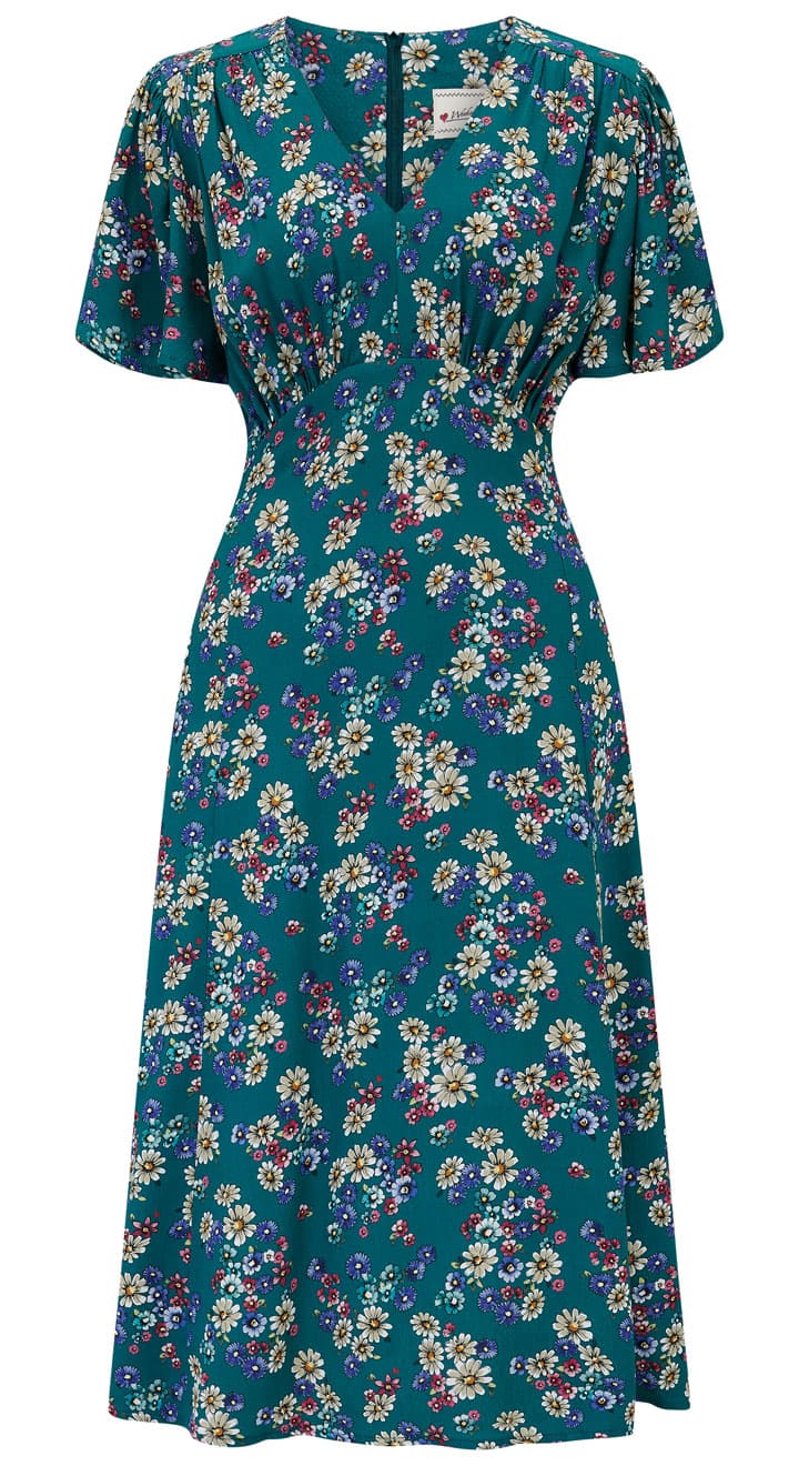 Vintage Inspired Teal Ditsy Floral Print Knee Length Tea Dress | 1930s & 1940s Style | Weekend Doll Vintage Inspired Teal Ditsy Floral Print Knee Length Tea Dress | 1930s & 1940s Style | Weekend Doll