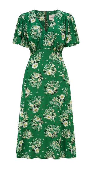 Vintage Inspired Green Floral Print Knee Length Tea Dress | 1930s & 1940s Style | Weekend Doll 