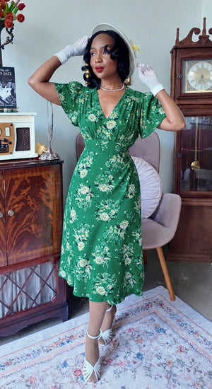 Vintage Inspired Green Floral Print Knee Length Tea Dress | 1930s & 1940s Style | Weekend Doll 