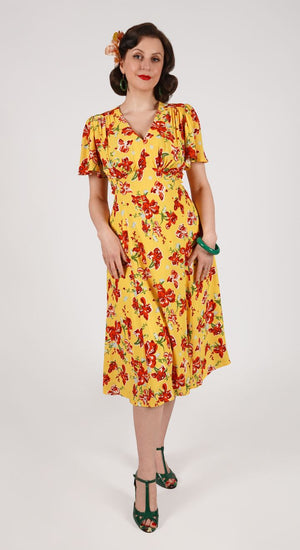 Vintage Inspired Tiki Inspired Yellow Print Knee Length Tea Dress | 1930s & 1940s Style | Weekend Doll 