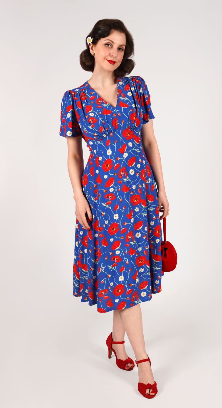 blue and red poppy dress Vintage Inspired Poppy Print Knee Length Tea Dress | 1930s & 1940s Style