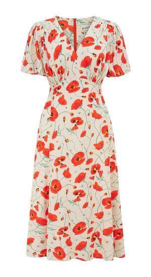 Vintage Inspired Ivory Poppy Print Knee Length Tea Dress | 1930s & 1940s Style | Weekend Doll