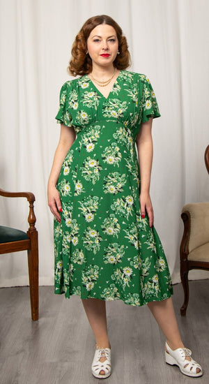 Vintage Inspired Green Floral Print Knee Length Tea Dress | 1930s & 1940s Style | Weekend Doll 