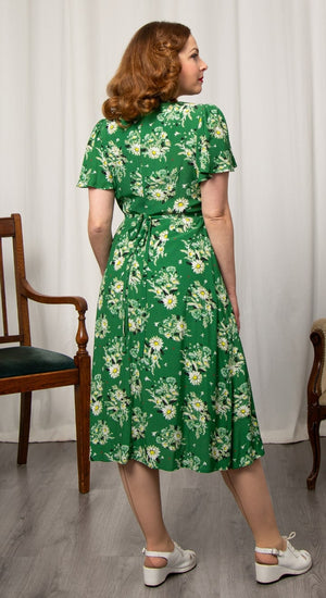 Vintage Inspired Green Floral Print Knee Length Tea Dress | 1930s & 1940s Style | Weekend Doll 