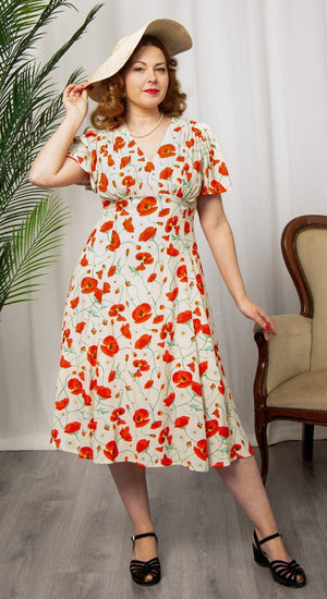 Vintage Inspired Ivory Poppy Print Knee Length Tea Dress | 1930s & 1940s Style | Weekend Doll 