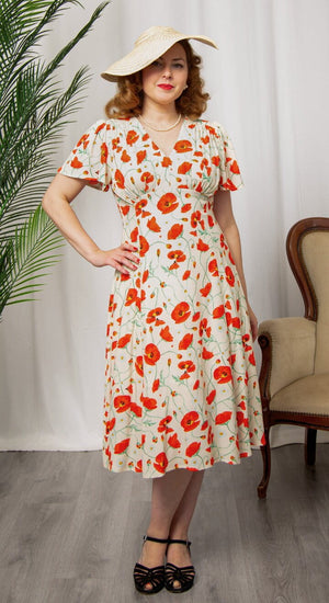Vintage Inspired Ivory Poppy Print Knee Length Tea Dress | 1930s & 1940s Style | Weekend Doll 
