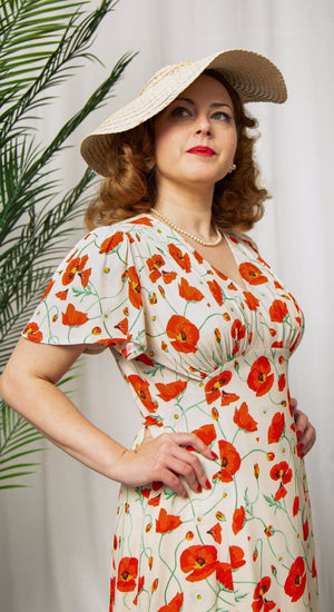 Betty Tea Dress in Ivory Poppy Print