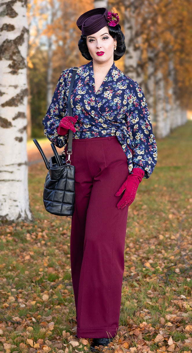 Vintage Inspired High Waisted Wide Leg Trousers in Burgundy- 1930s & 40s style | Weekend Doll