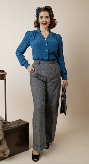 Grey High Waisted Wide Leg Herringbone Wool Trousers - 1930s & 40s style | Weekend Doll