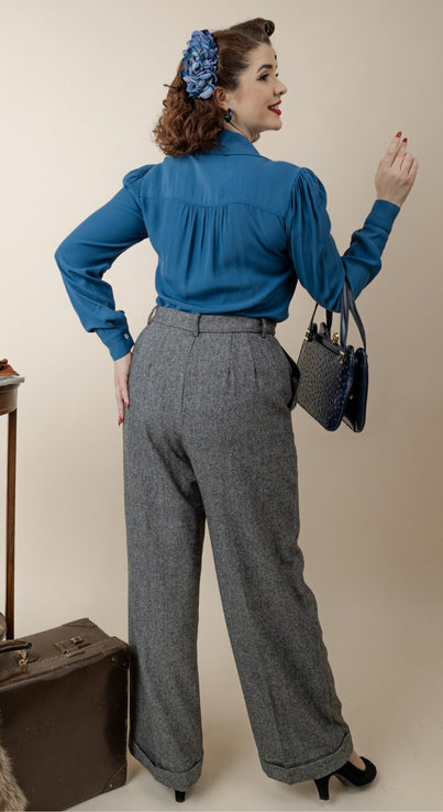 Grey High Waisted Wide Leg Herringbone Wool Trousers - 1930s & 40s style | Weekend Doll