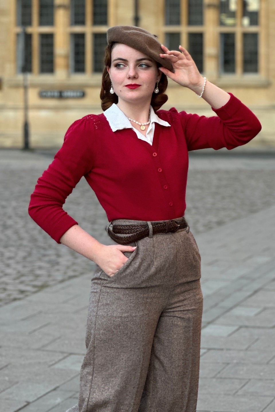 Raspberry Red 1940s Cardigan with Lace Details – Carla Knit | Weekend Doll