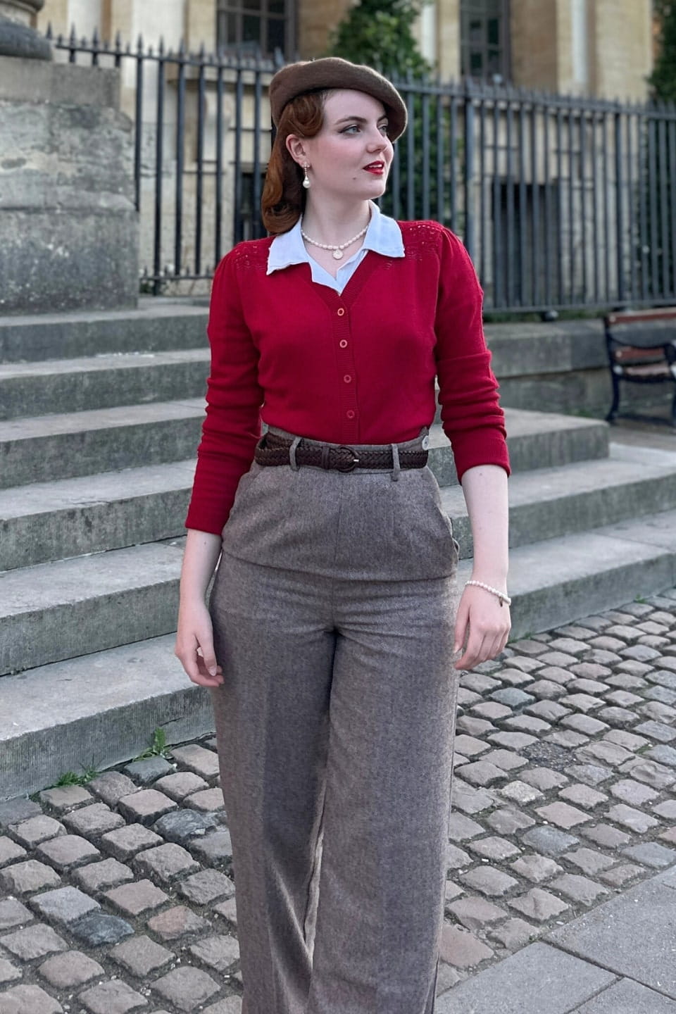 Raspberry Red 1940s Cardigan with Lace Details – Carla Knit | Weekend Doll