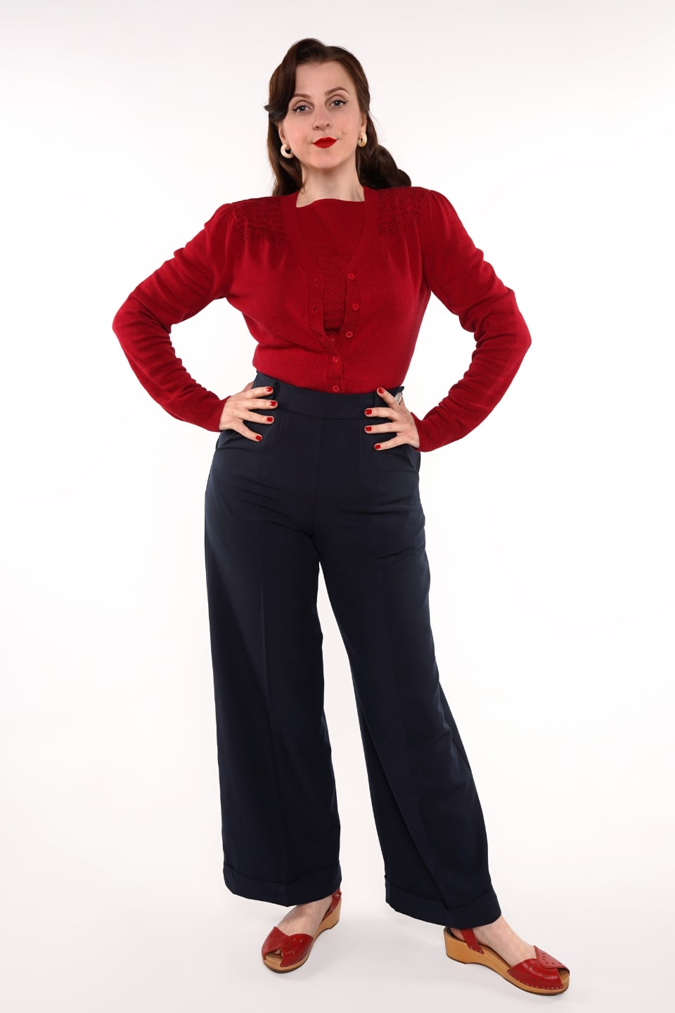 Raspberry Red 1940s Cardigan with Lace Details – Carla Knit | Weekend Doll