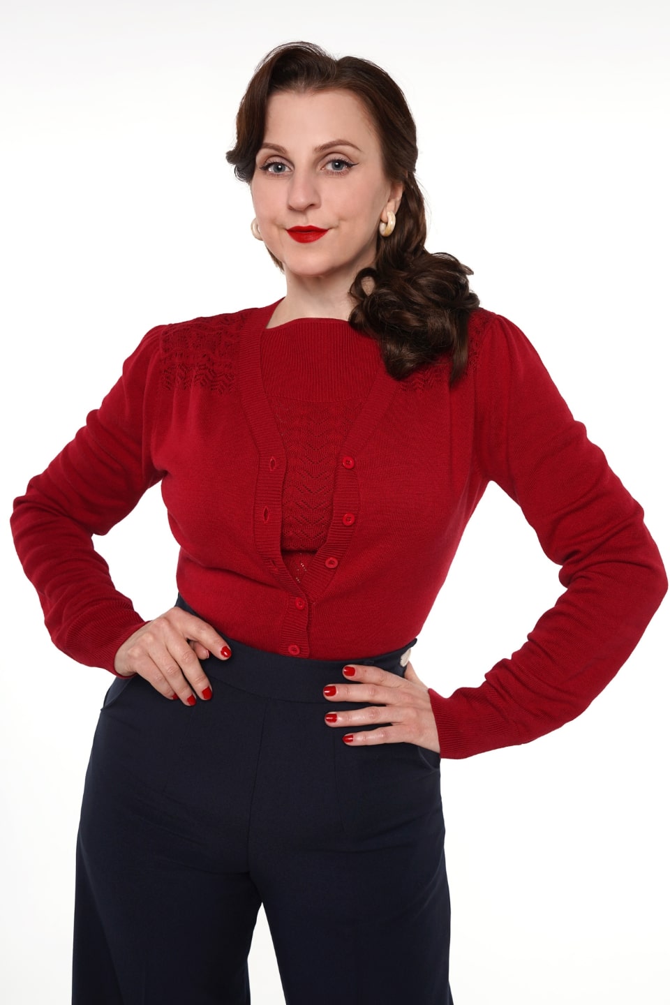 Raspberry Red 1940s Cardigan with Lace Details – Carla Knit | Weekend Doll