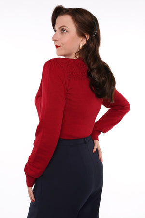 Raspberry Red 1940s Cardigan with Lace Details – Carla Knit | Weekend Doll