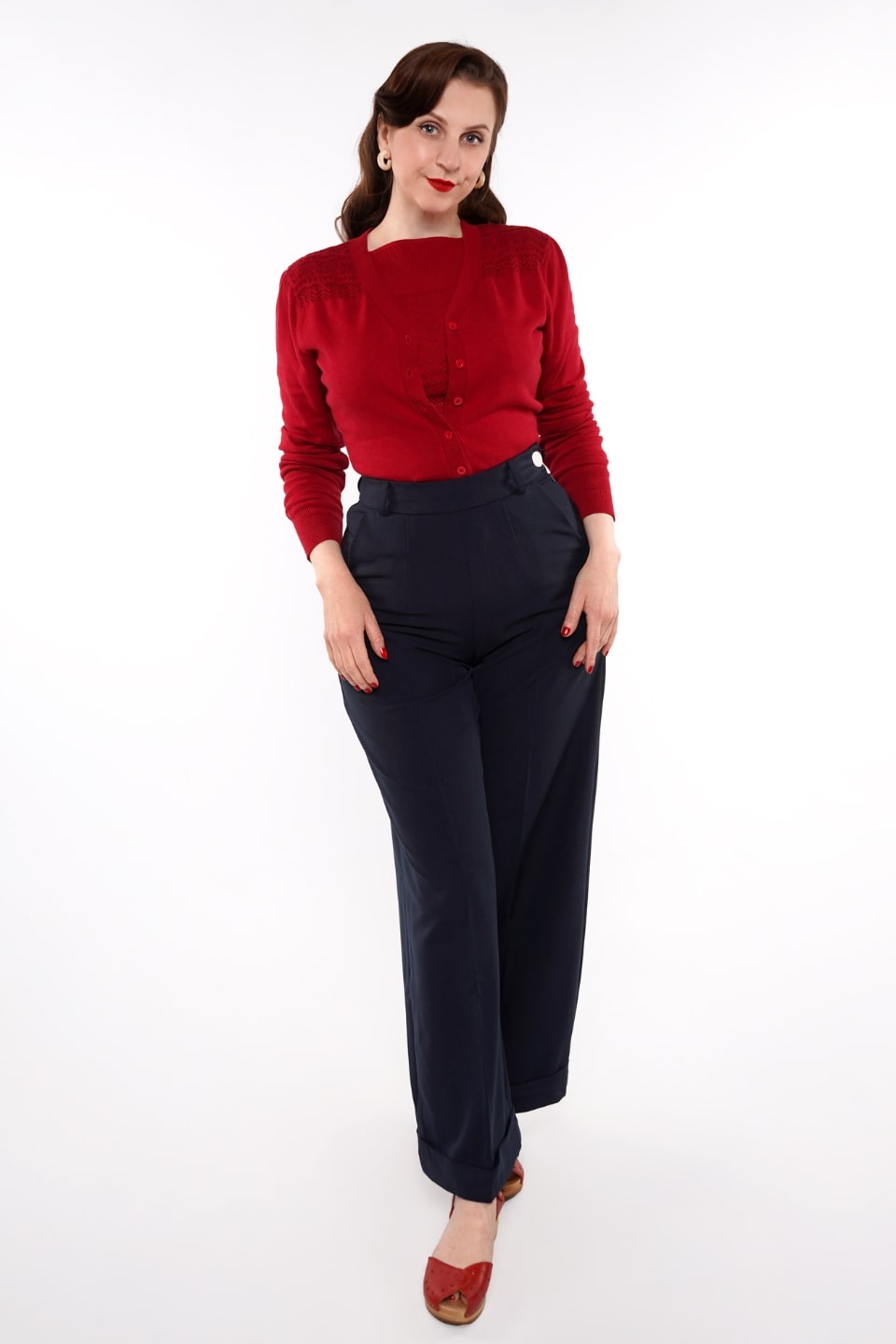 Raspberry Red 1940s Cardigan with Lace Details – Carla Knit | Weekend Doll