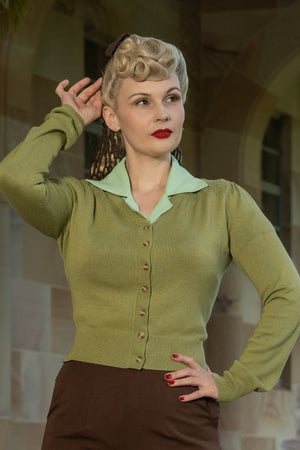 Sage Green 1940s Cardigan with Lace Details – Carla Knit | Weekend Doll