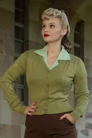 Sage Green 1940s Cardigan with Lace Details – Carla Knit | Weekend Doll