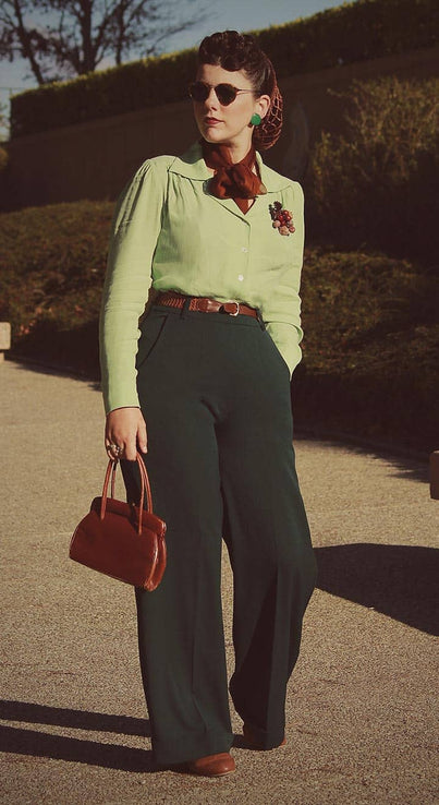 Vintage Inspired High Waisted Wide Leg Trousers in Bottle Green - 1930s & 40s style | Weekend Doll