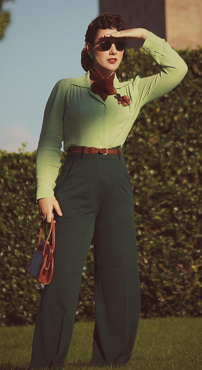 Vintage Inspired High Waisted Wide Leg Trousers in Bottle Green - 1930s & 40s style | Weekend Doll