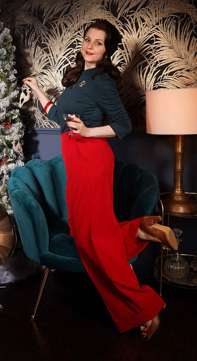 Tailor Red High Waisted Wide Leg Trousers in Short Length- 1930s & 40s style | Weekend Doll