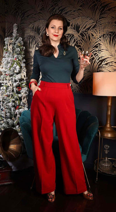 Tailor Red High Waisted Wide Leg Trousers in Short Length- 1930s & 40s style | Weekend Doll