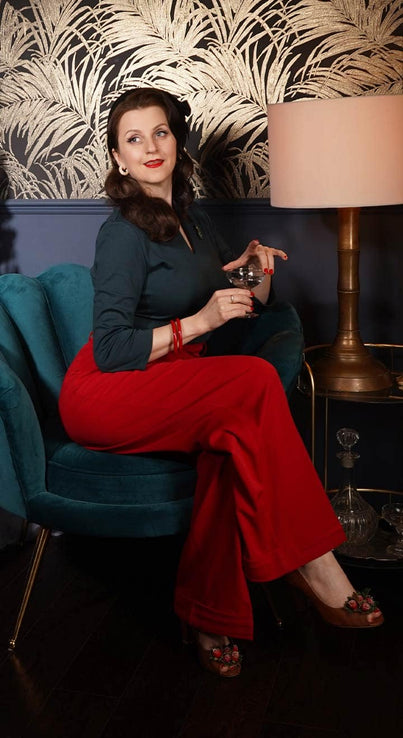 Tailor Red High Waisted Wide Leg Trousers in Short Length- 1930s & 40s style | Weekend Doll