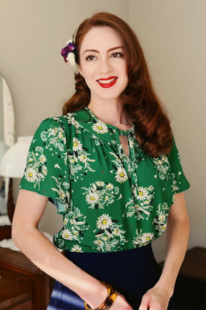 Vintage-inspired tie-neck, short, flared sleeve blouse in green floral | 1930s and 40s Style | Weekend Doll 