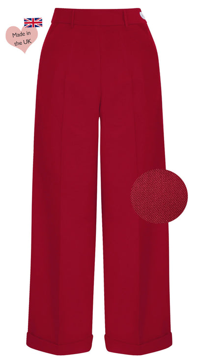 1930s and 40s Classic High Waist Wide Leg Trousers In Red