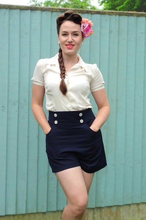 Detachable Brace Sailor Style High Waisted Shorts in Navy