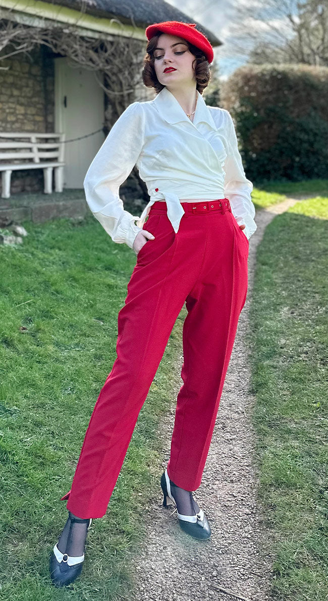 Red High Waist Tapered Ankle-Length Trousers with Press Creases | 1940s and 50s Style  | Weekend Doll 