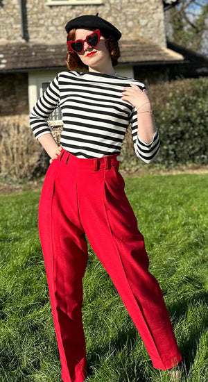 Red High Waist Tapered Ankle-Length Trousers with Press Creases | 1940s and 50s Style  | Weekend Doll 