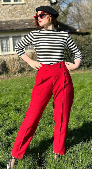 Red High Waist Tapered Ankle-Length Trousers with Press Creases | 1940s and 50s Style  | Weekend Doll 