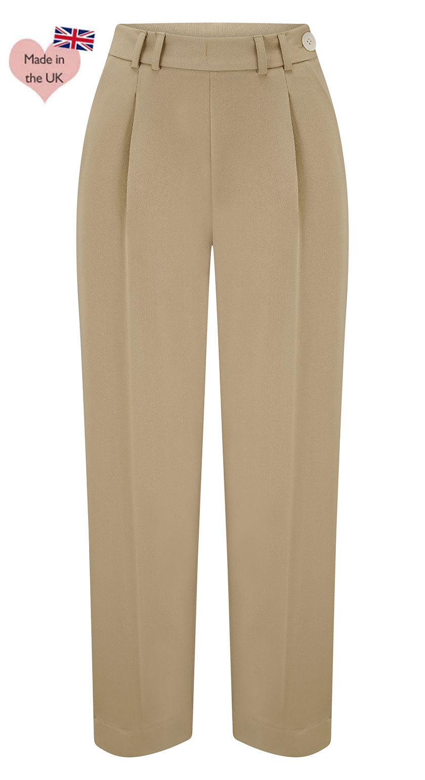 Tan High Waist Tapered Ankle-Length Trousers with Press Creases | 1940s and 50s Style  | Weekend Doll 