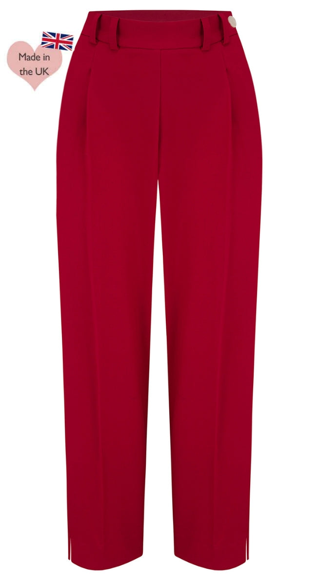 Red High Waist Tapered Ankle-Length Trousers with Press Creases | 1940s and 50s Style  | Weekend Doll 