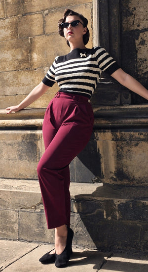 Burgundy High Waist Tapered Ankle-Length Trousers with Press Creases | 1940s and 50s Style  | Weekend Doll 