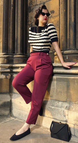 Burgundy High Waist Tapered Ankle-Length Trousers with Press Creases | 1940s and 50s Style  | Weekend Doll 
