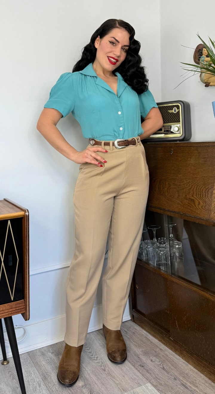 Tan High Waist Tapered Ankle-Length Trousers with Press Creases | 1940s and 50s Style  | Weekend Doll 