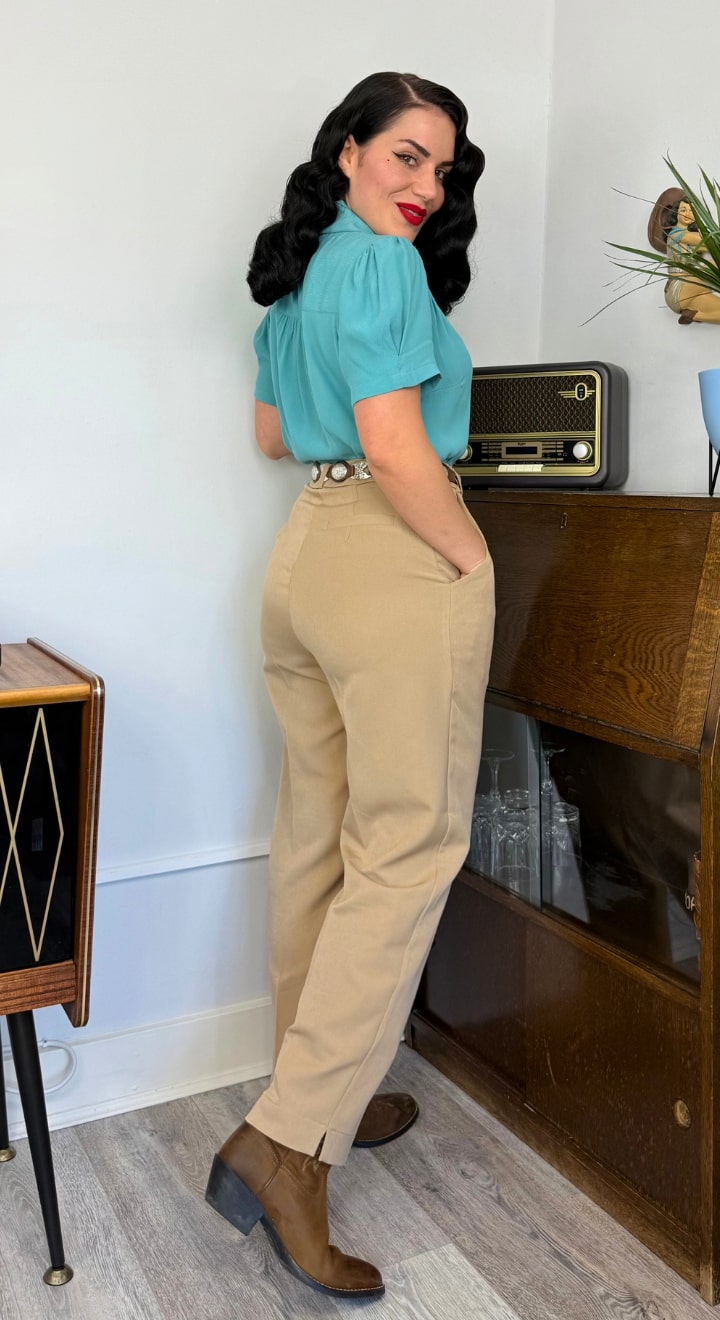 Tan High Waist Tapered Ankle-Length Trousers with Press Creases | 1940s and 50s Style  | Weekend Doll 