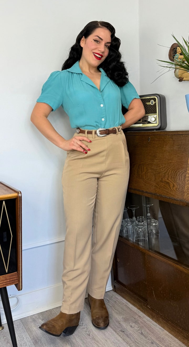 Tan High Waist Tapered Ankle-Length Trousers with Press Creases | 1940s and 50s Style  | Weekend Doll 