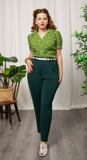 Bottle Green High Waist Tapered Ankle-Length Trousers with Press Creases | 1940s and 50s Style  | Weekend Doll 
