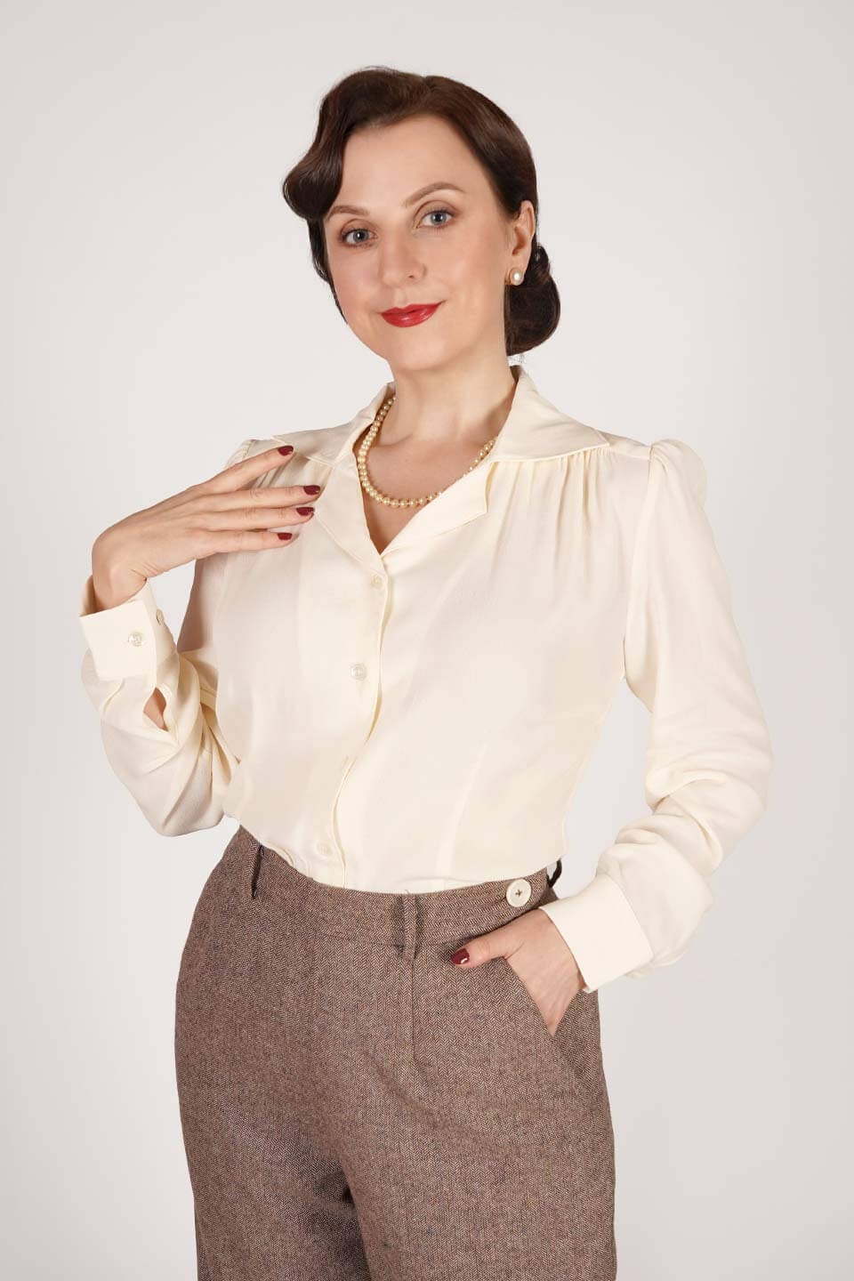 Long Sleeve Classic Blouse in Ivory, Made in Sustainable Viscose Crepe | 1940s Style | Weekend Doll  