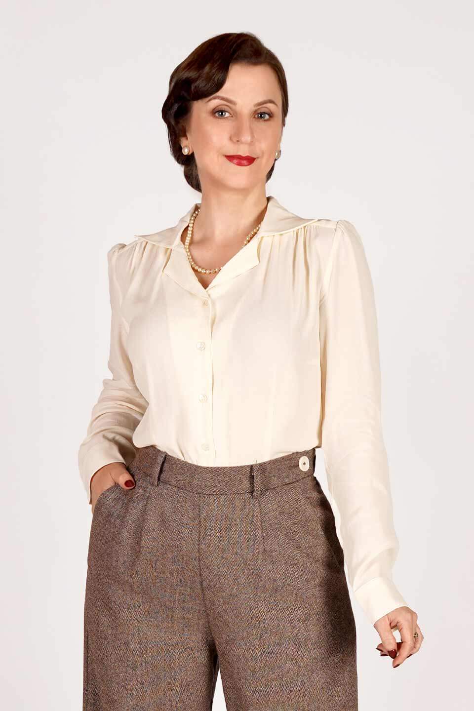 Long Sleeve Classic Blouse in Ivory, Made in Sustainable Viscose Crepe | 1940s Style | Weekend Doll  