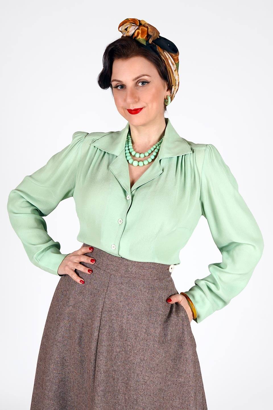 Long Sleeve Classic Blouse in Mint Green, Made in Sustainable Viscose Crepe | 1940s Style | Weekend Doll  